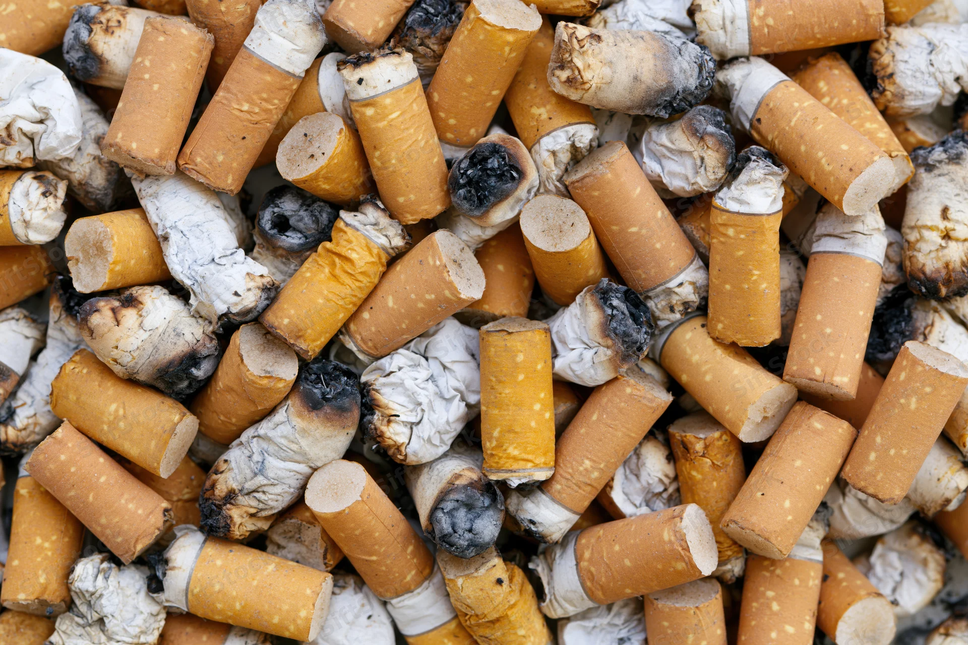 Close-up of used cigarette butts piled together filling the frame