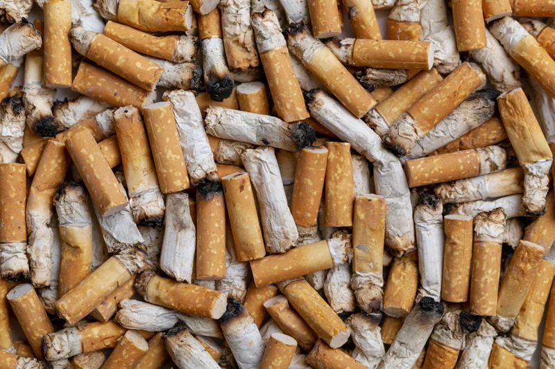 Close-up of used cigarette butts piled together filling the frame