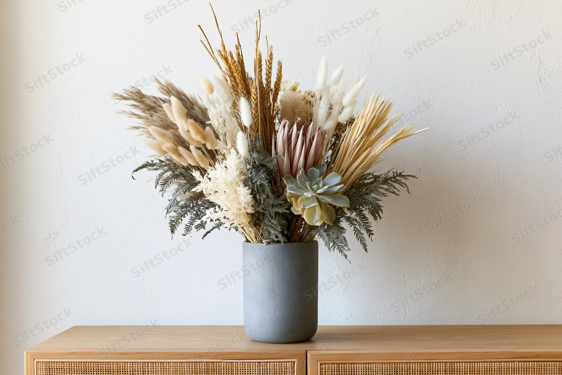 Dried flower arrangement in a matte grey ceramic cylinder vase on a wooden cabinet