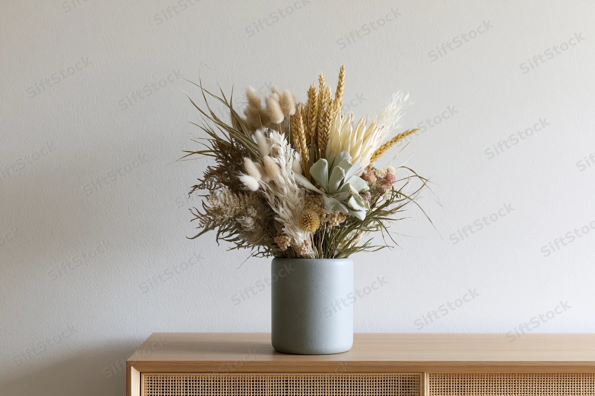 Dried flower arrangement in a matte grey ceramic cylinder vase on a wooden console table