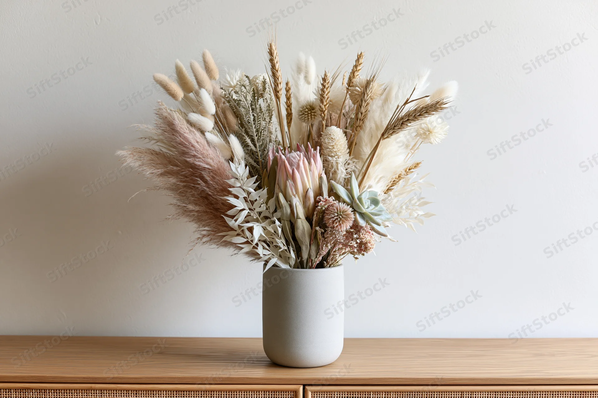 Dried flower arrangement in a matte grey ceramic cylinder vase on a wooden console table