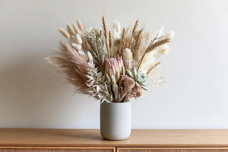 Dried flower arrangement in a matte grey ceramic cylinder vase on a wooden console table