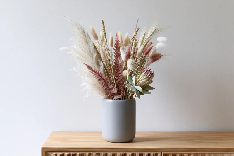 Dried flower arrangement in a matte grey ceramic cylinder vase on a wooden cabinet