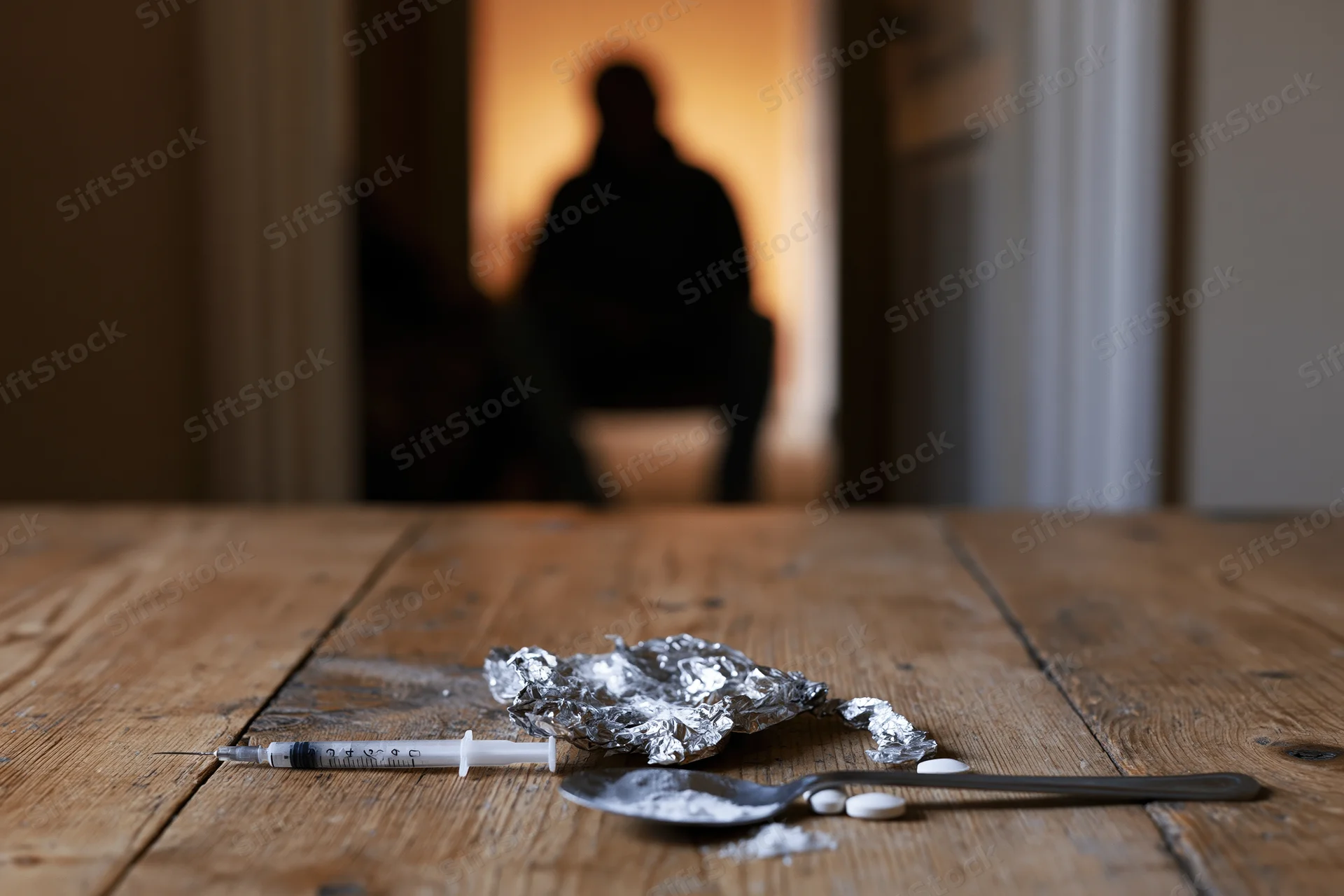 Syringe and drug paraphernalia on a wooden table with a silhouetted figure in the background