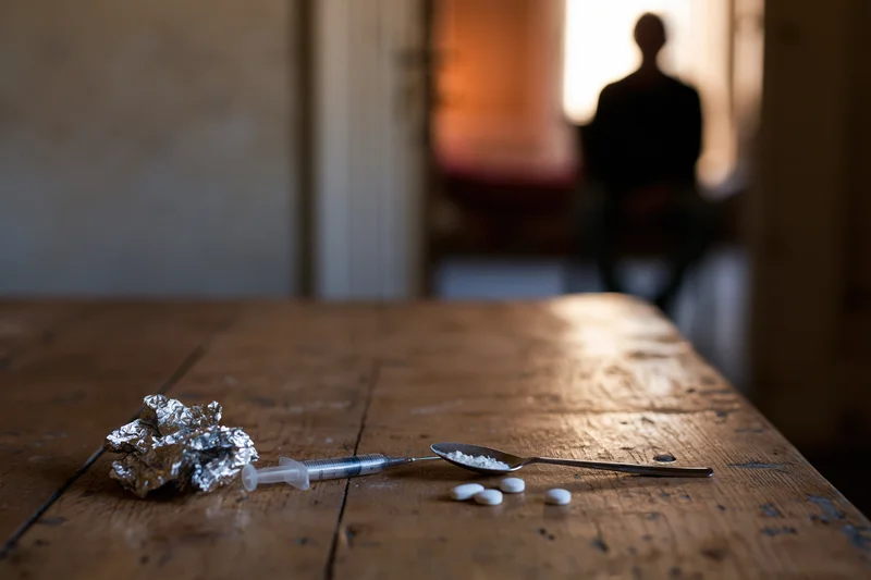 Drug paraphernalia including syringe, spoon, pills and foil on a worn wooden table with a silhouetted man in the background
