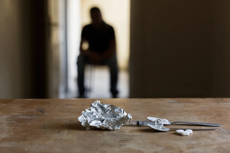 Drug paraphernalia including syringe, foil, spoon and pills on a worn wooden table with a blurred man seated in the background