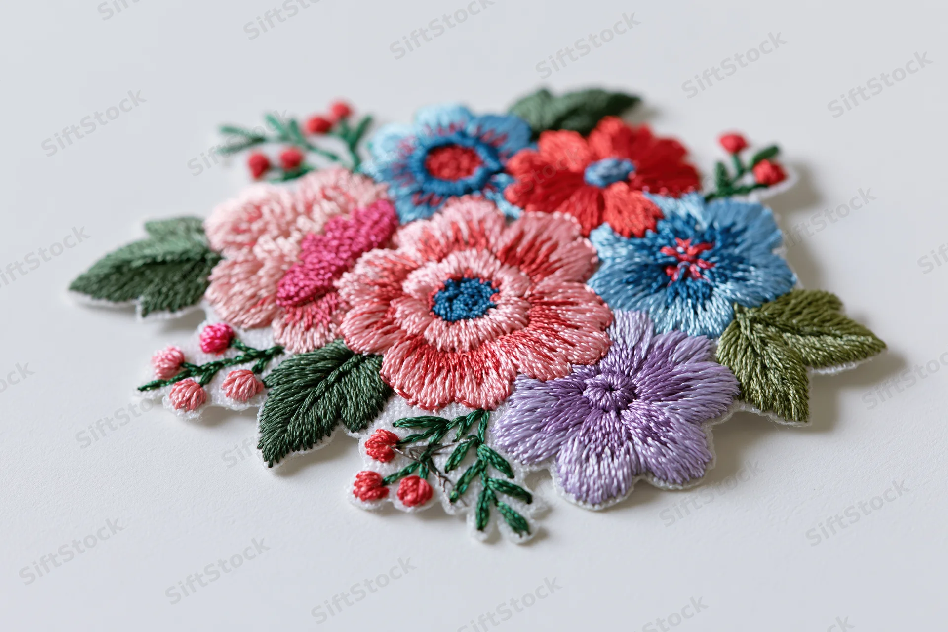 Embroidered floral bouquet patch lying flat on white surface
