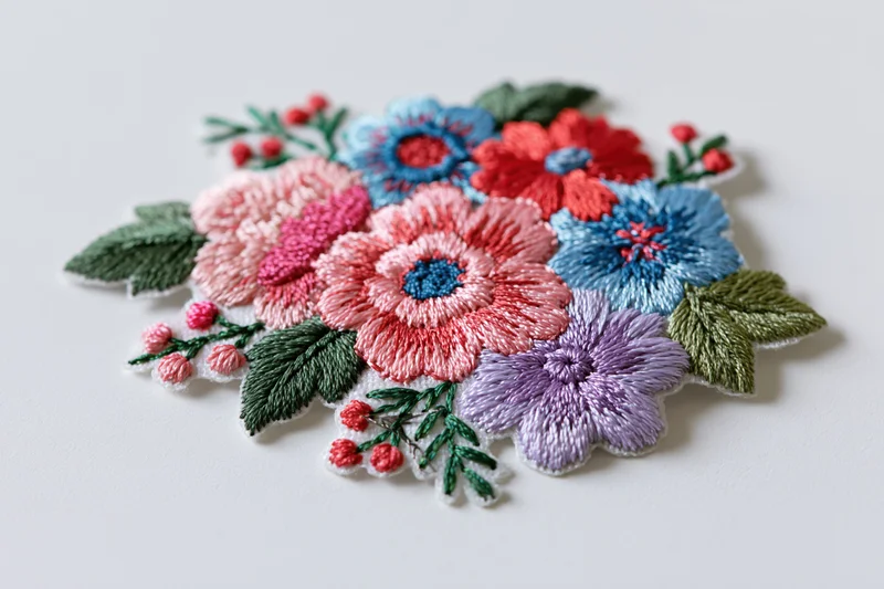 Embroidered floral bouquet patch lying flat on white surface