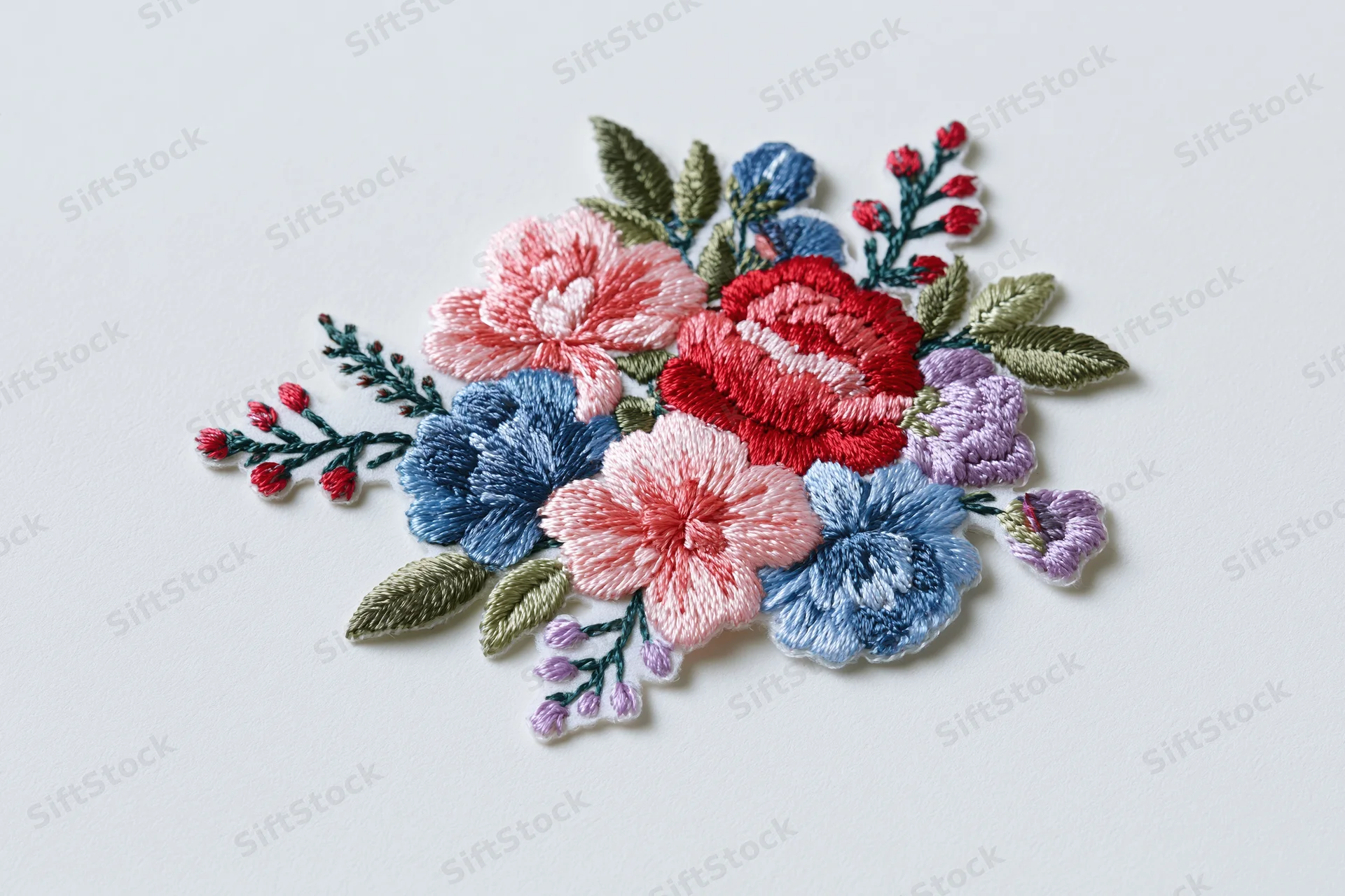 Embroidered floral bouquet patch lying flat on white surface