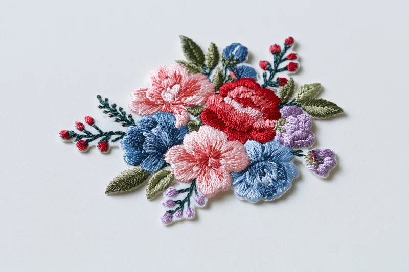 Embroidered floral bouquet patch lying flat on white surface