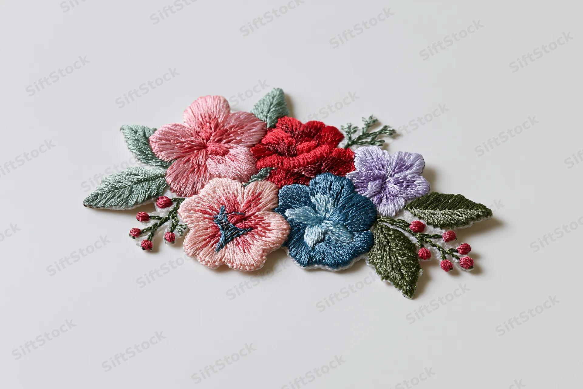 Embroidered floral bouquet patch lying flat on white surface