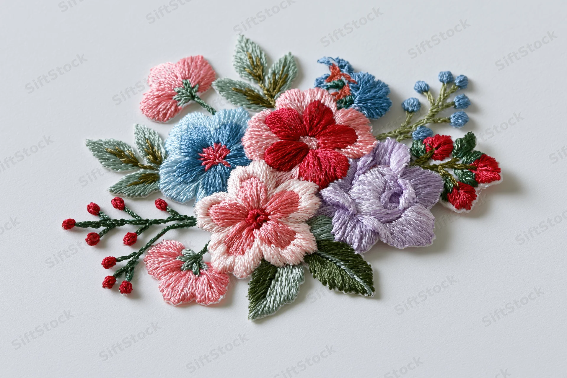 Embroidered floral bouquet patch lying flat on white surface