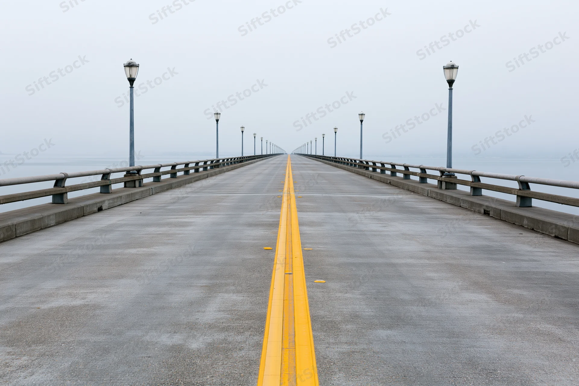Long concrete highway bridge stretching toward the horizon over water on a foggy day