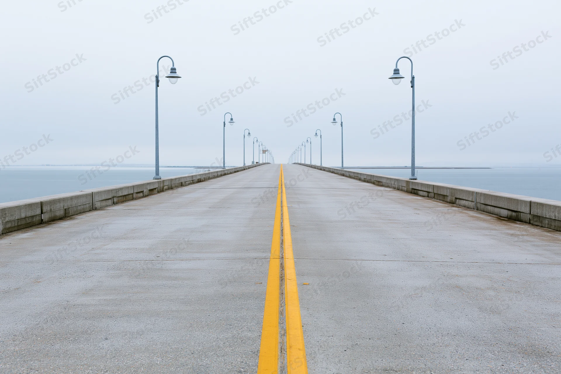 Empty concrete highway bridge stretching toward the horizon over water with yellow lane divider and lampposts on both sides