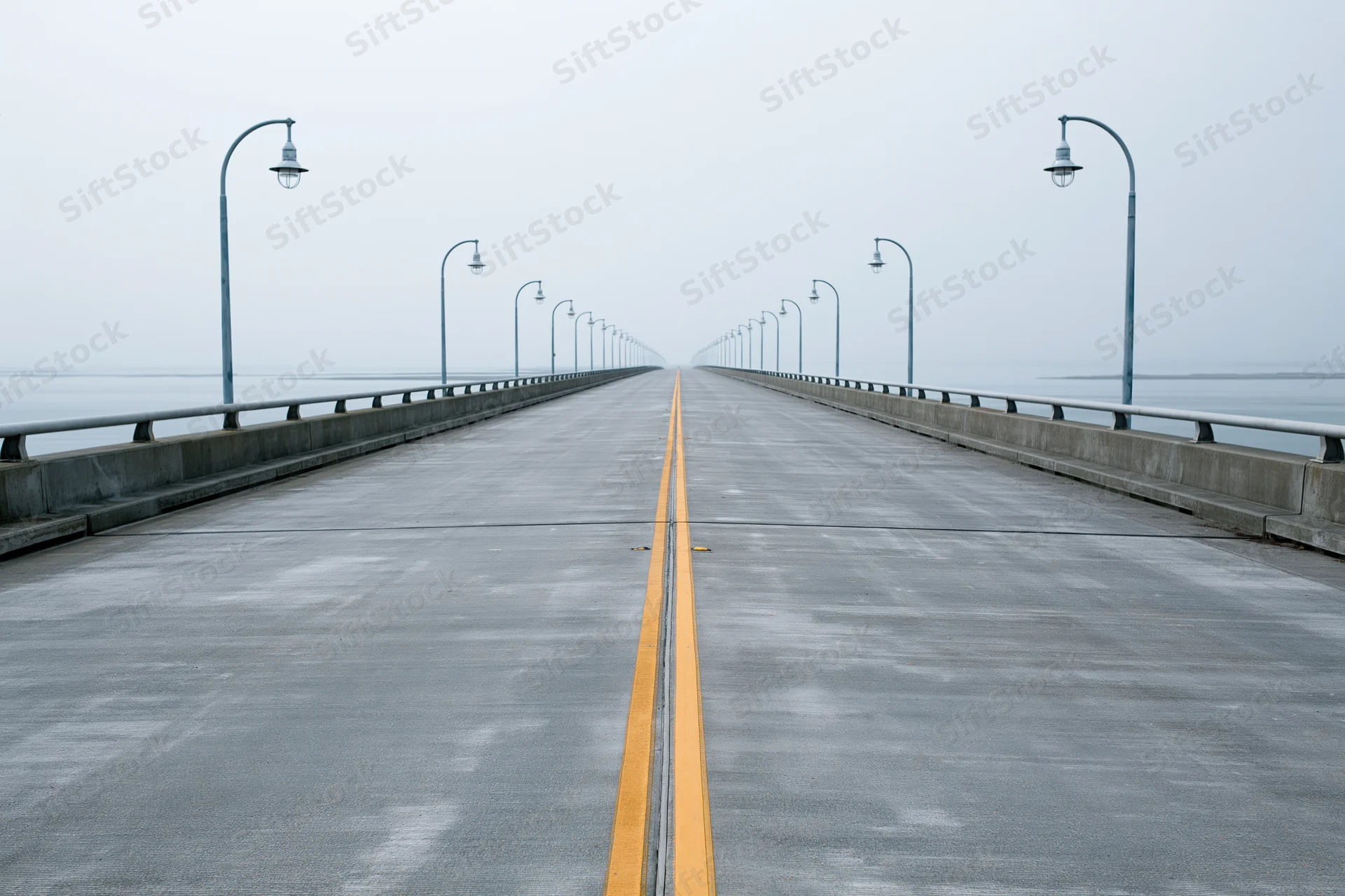 Empty concrete highway bridge stretching toward the horizon over water in fog