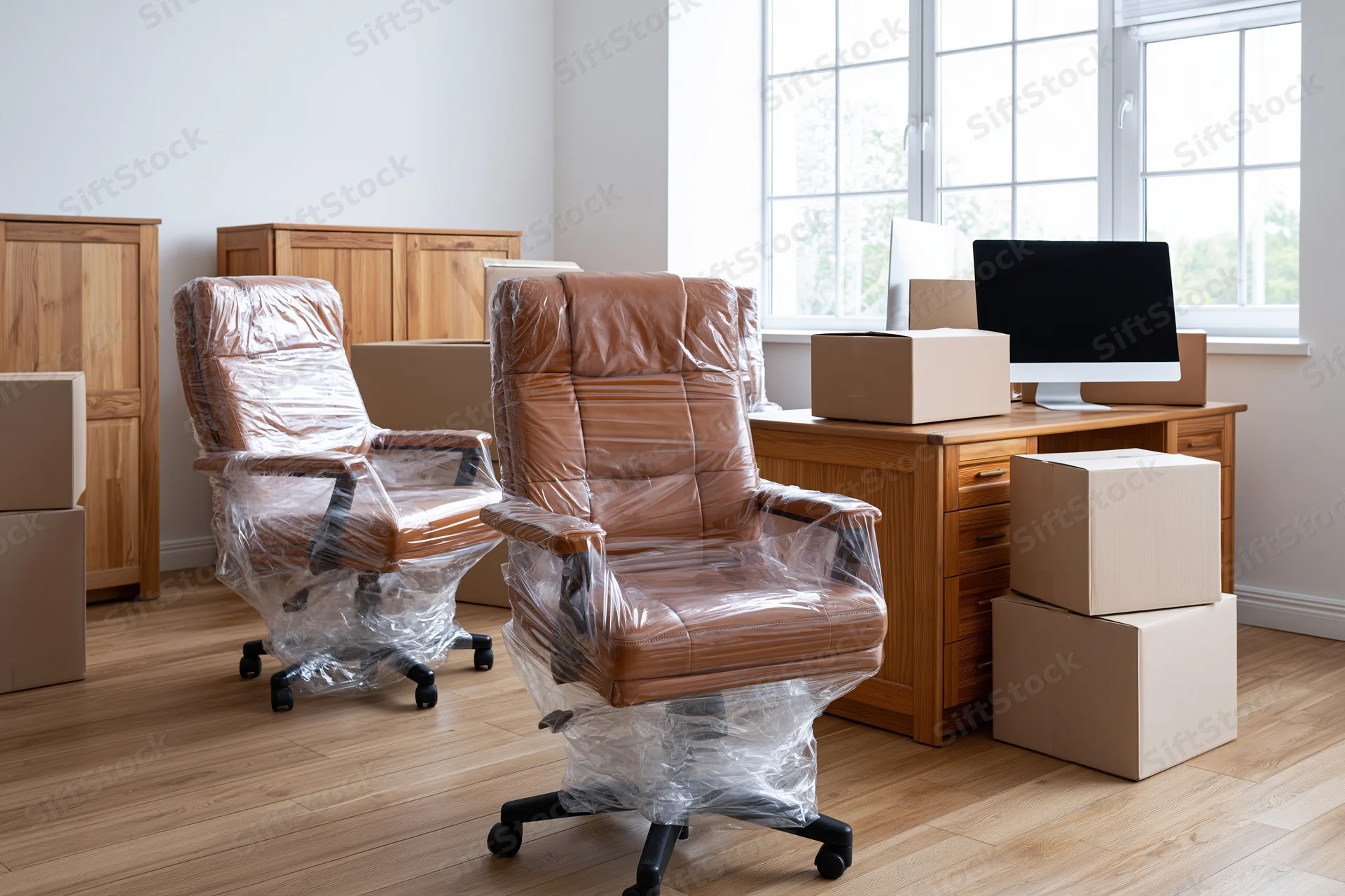Brown leather office chairs wrapped in plastic in a room with boxes and a desk by a window