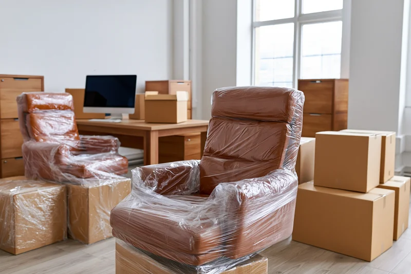 Brown leather office chairs wrapped in plastic wrap in an empty office space with boxes and furniture during relocation