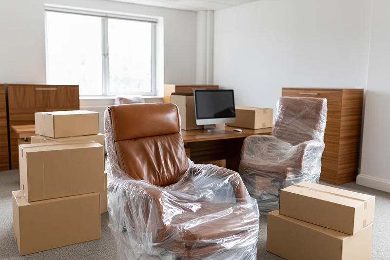 Brown leather office chairs wrapped in plastic among stacked cardboard boxes in an empty office space mid-move