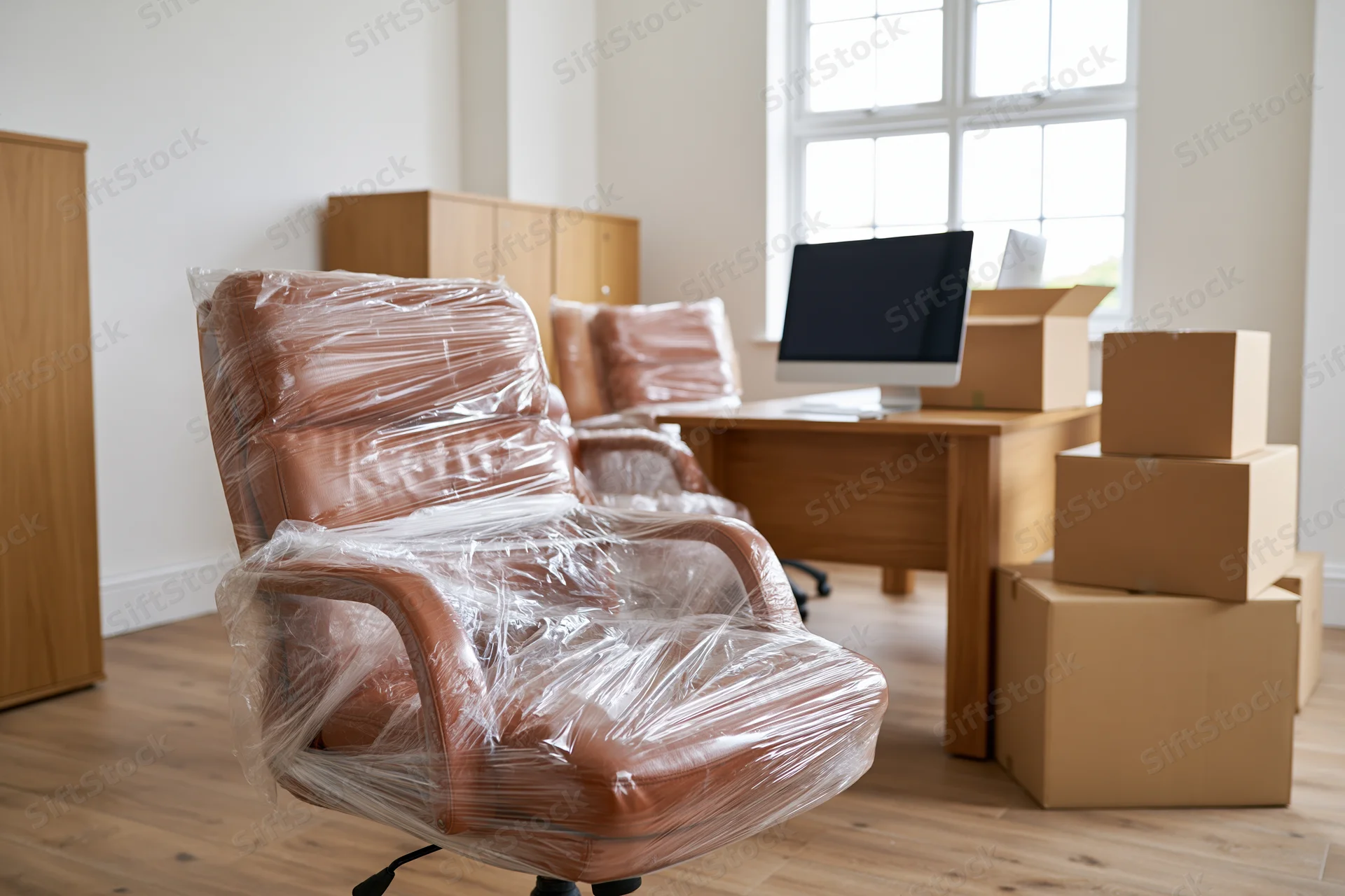 Brown leather office chair wrapped in plastic in a room with desk, computer, and moving boxes