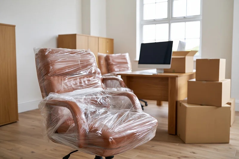 Brown leather office chair wrapped in plastic in a room with desk, computer, and moving boxes