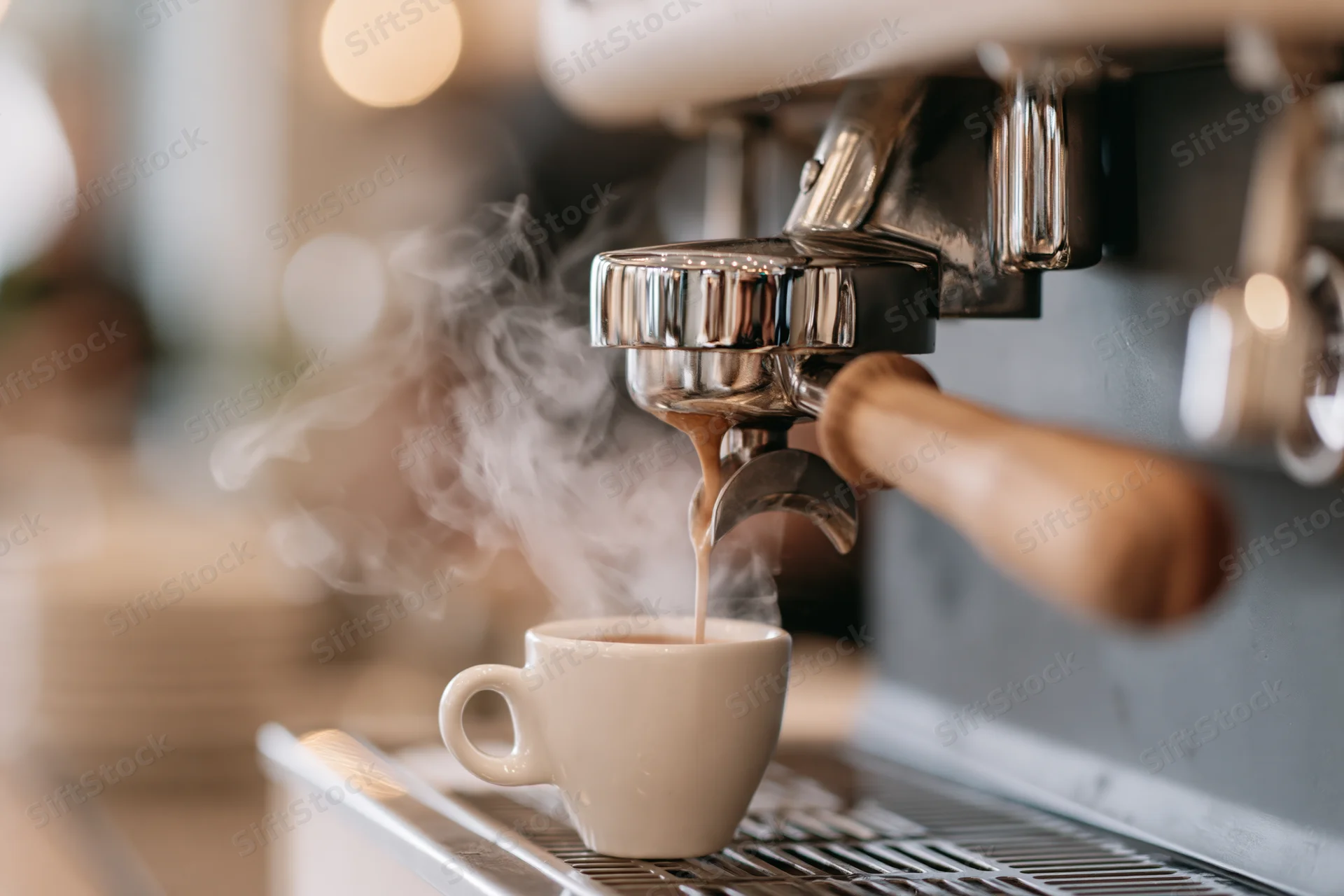 Espresso machine extracting shot into small white ceramic cup on metal drip tray in cafe