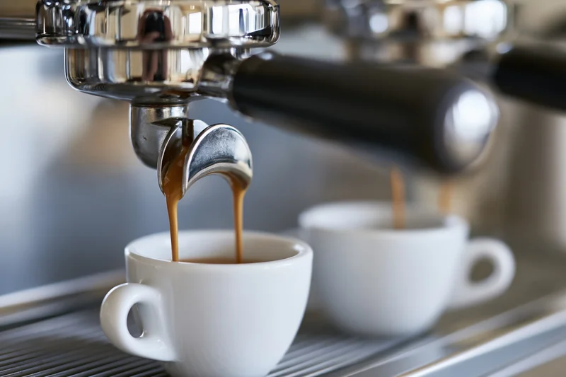 Espresso machine portafilter pouring dark coffee into two white cups on a metal drip tray