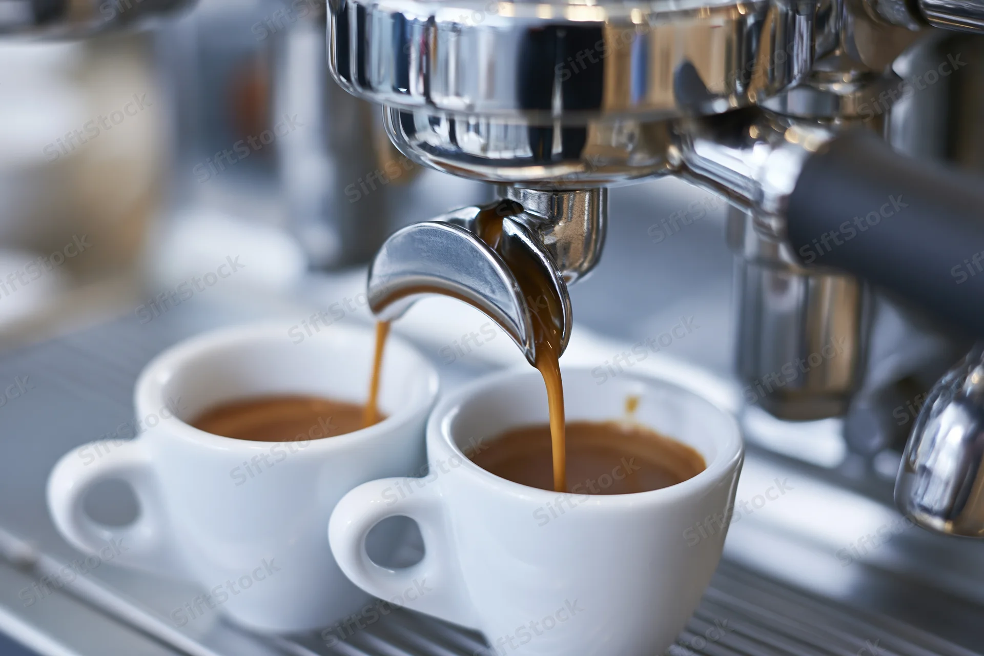 Espresso machine portafilter pouring coffee into two white cups on a metal tray