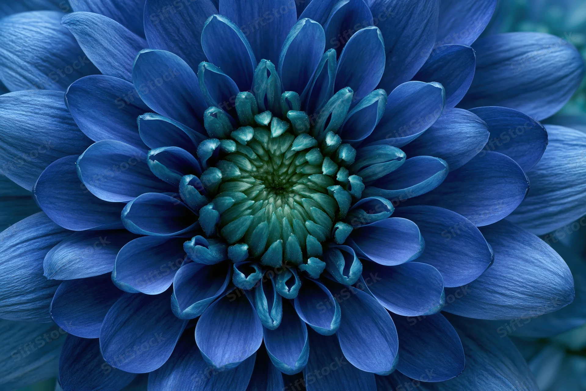 Extreme close-up of a blue chrysanthemum bloom showing detailed petals and center