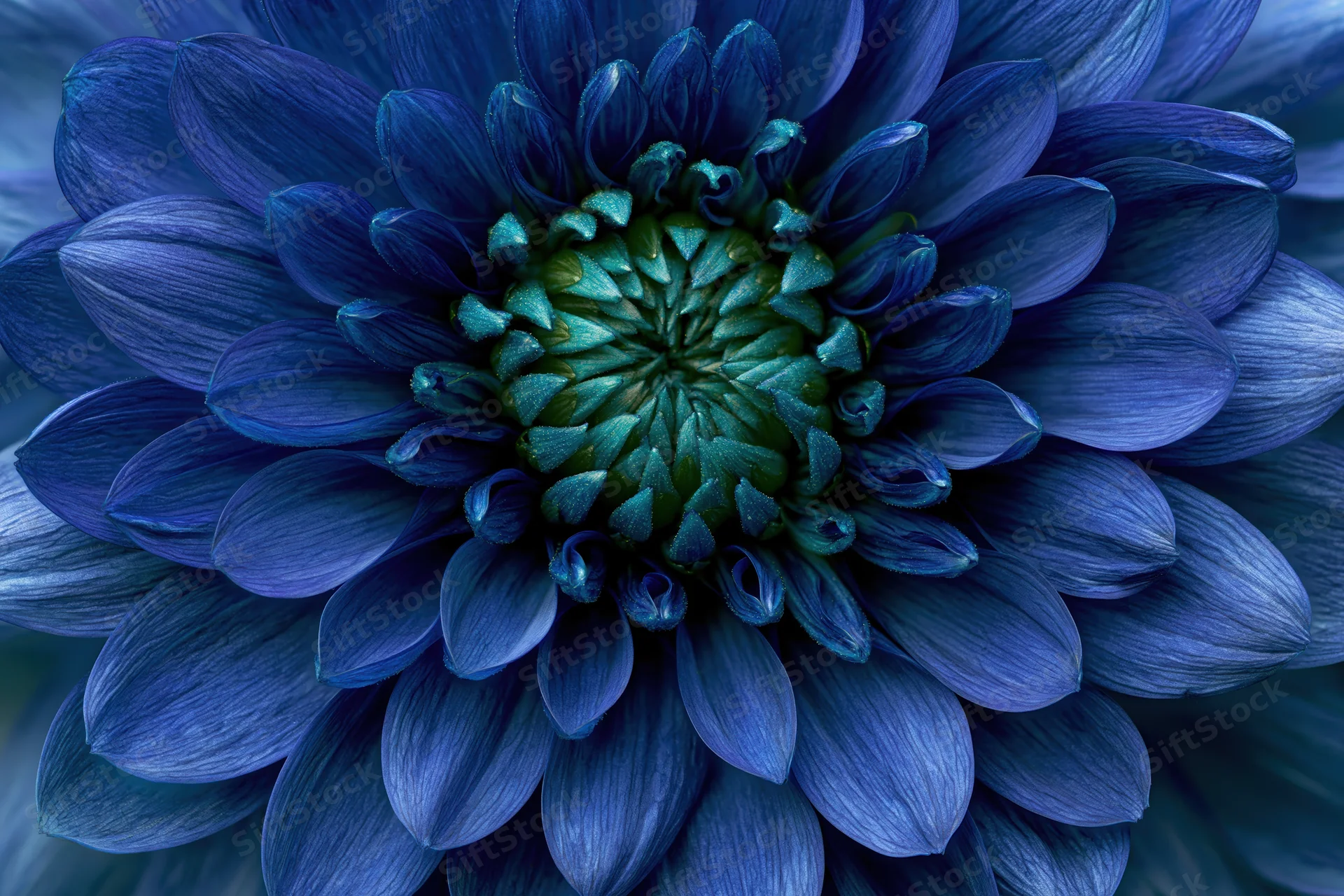 Extreme close-up of a blue chrysanthemum bloom showing detailed petals and central core