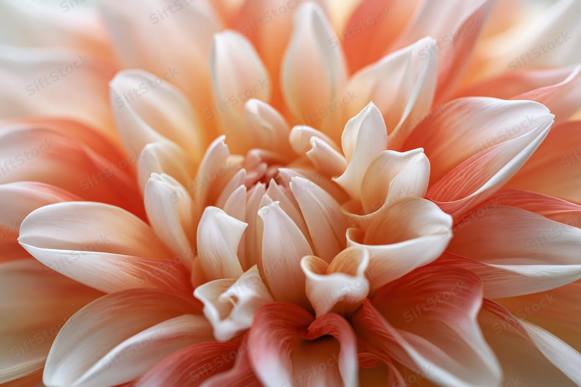 Extreme macro closeup of dahlia flower petals showing layered texture and soft color gradient