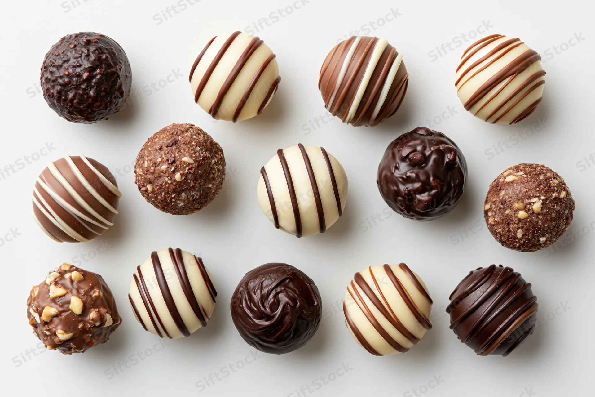 Fifteen assorted chocolate truffles and bonbons arranged in a flat lay on white background