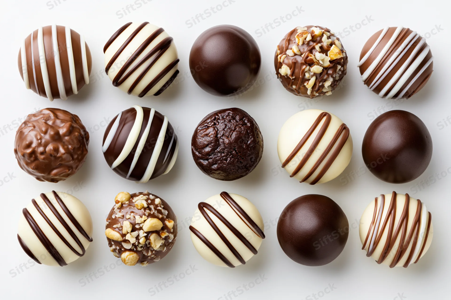 Fifteen assorted chocolate truffles and bonbons arranged in a grid on white background