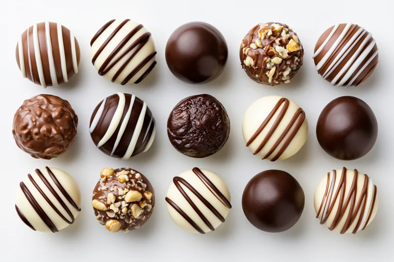 Fifteen assorted chocolate truffles and bonbons arranged in a grid on white background