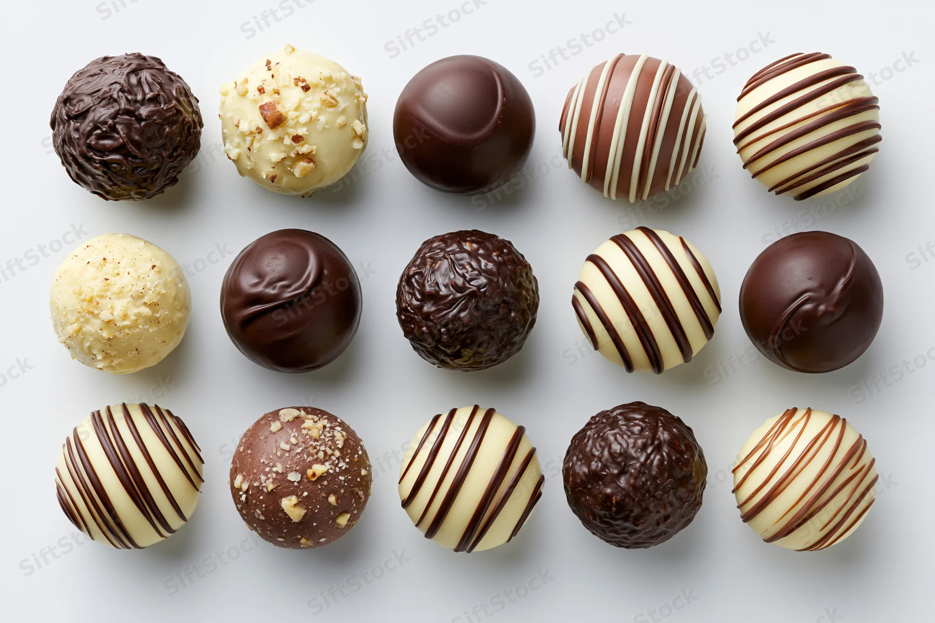 Fifteen assorted chocolate truffles and bonbons arranged in a grid on white background