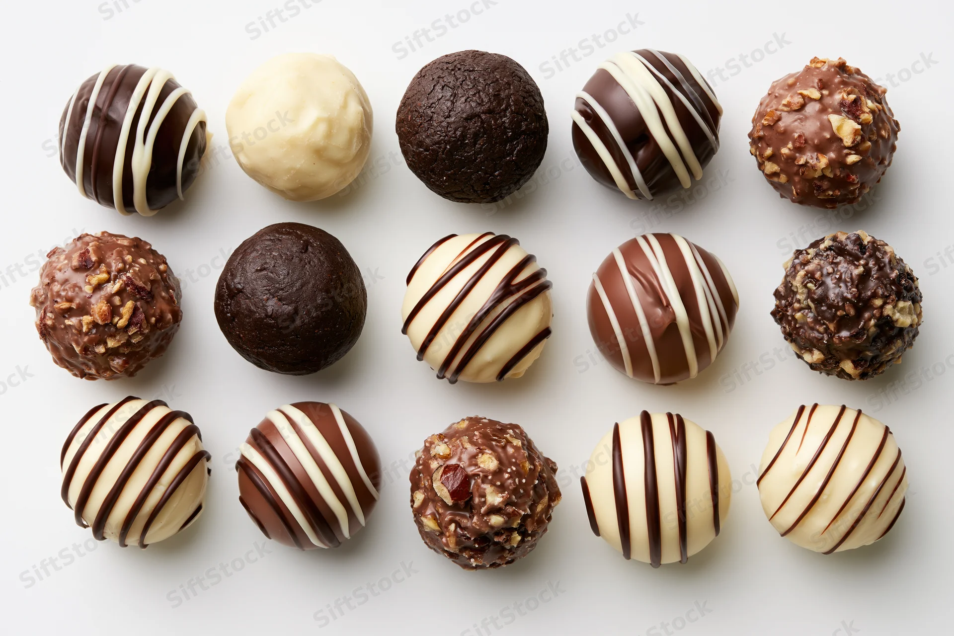 Fifteen assorted chocolate truffles and bonbons arranged in a grid on white background
