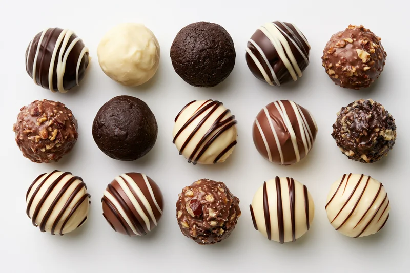 Fifteen assorted chocolate truffles and bonbons arranged in a grid on white background