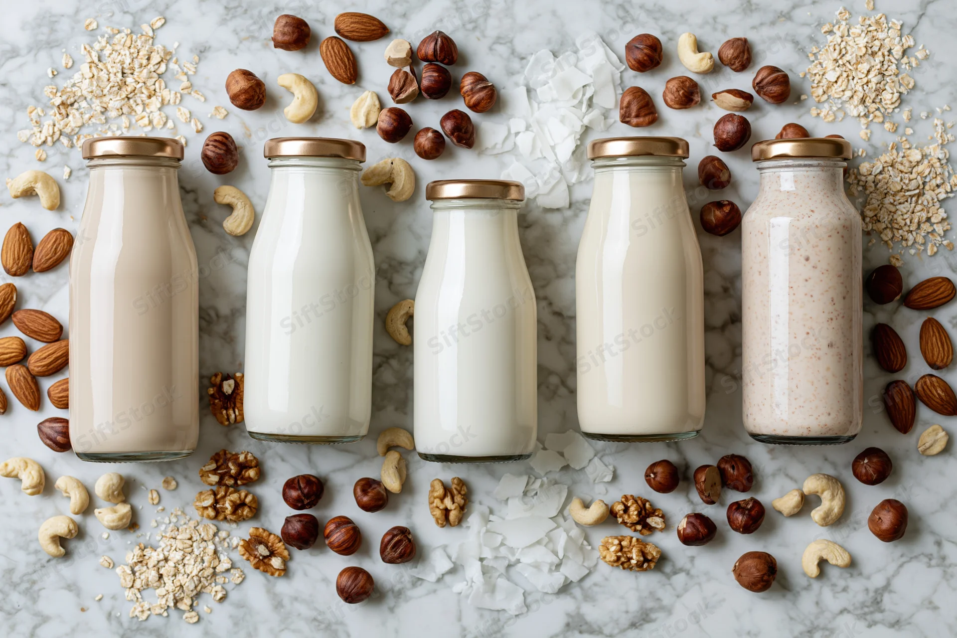 Five glass bottles of plant-based milk arranged on a marble surface surrounded by nuts and oats