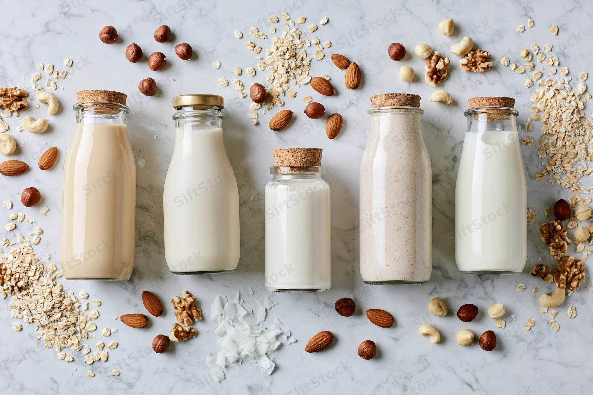 Five glass bottles of plant-based milk arranged on a marble surface with scattered nuts and oats