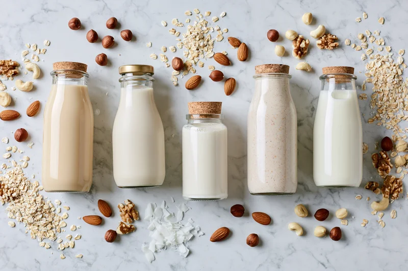 Five glass bottles of plant-based milk arranged on a marble surface with scattered nuts and oats
