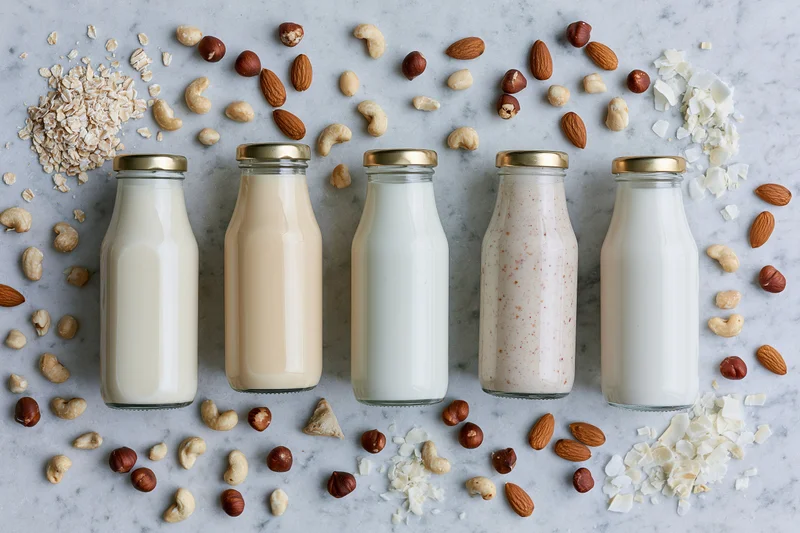 Five glass bottles of plant-based milk arranged on marble with scattered nuts and grains