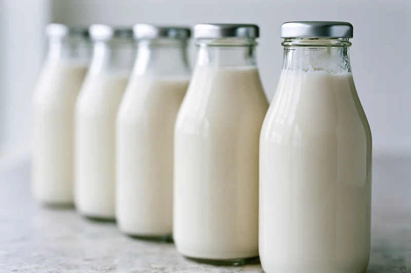 Five glass bottles filled with milk lined up on a countertop