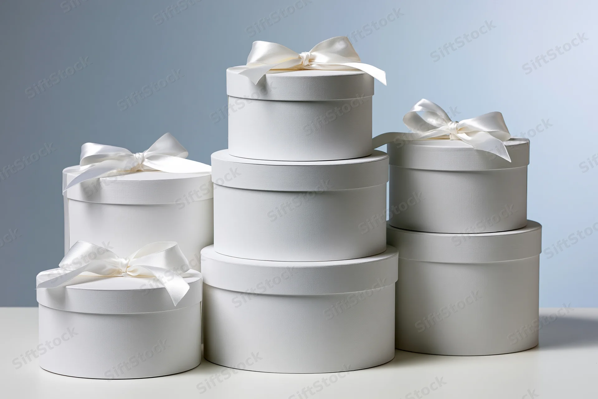 White round gift boxes stacked with satin ribbons on a light surface