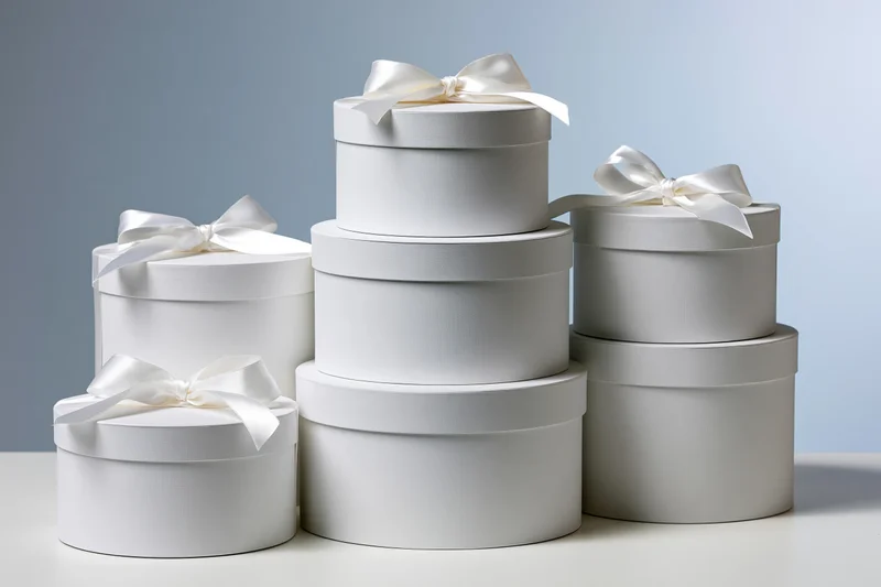 White round gift boxes stacked with satin ribbons on a light surface
