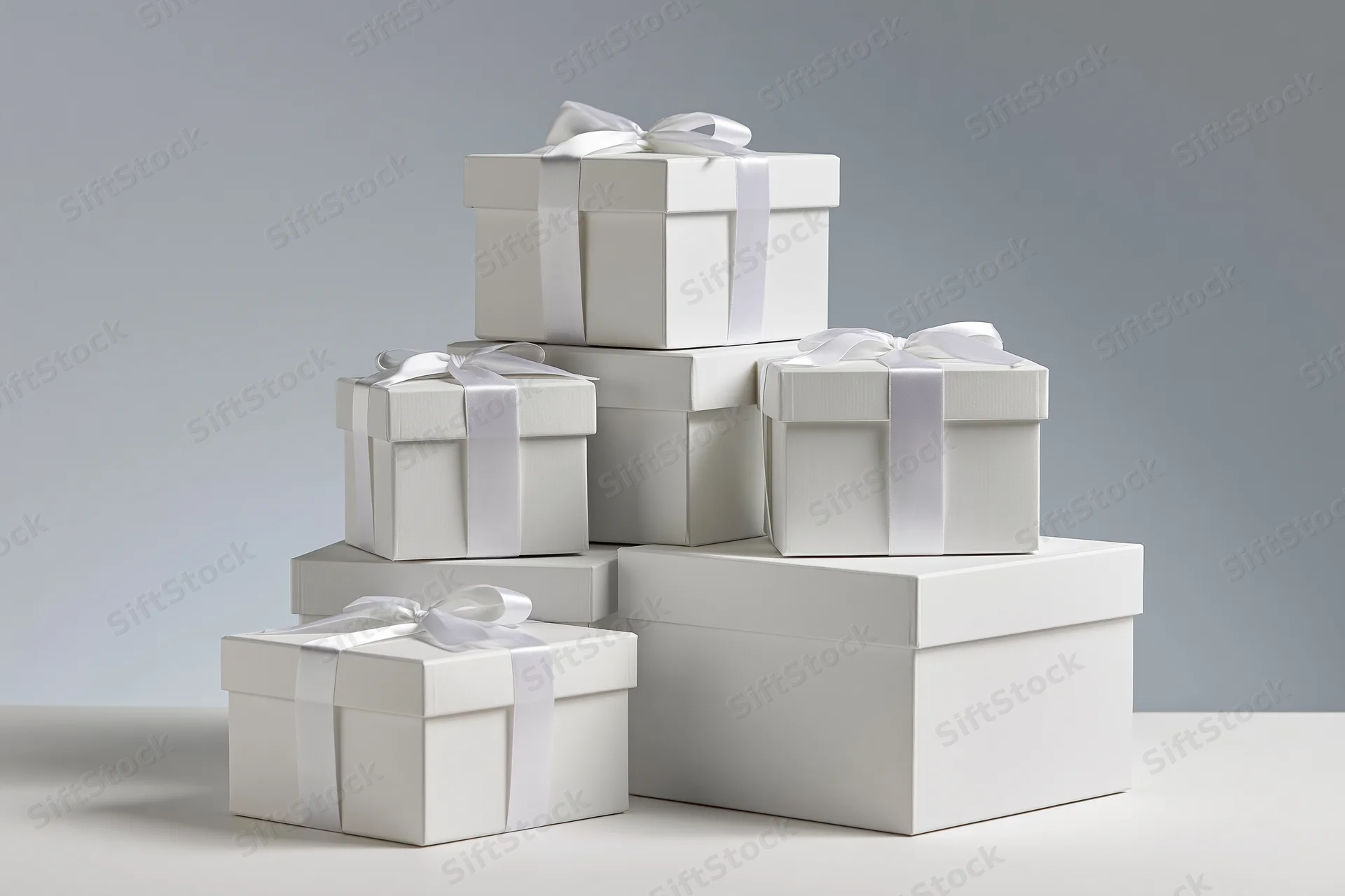 White gift boxes stacked in a pyramid formation on a plain surface