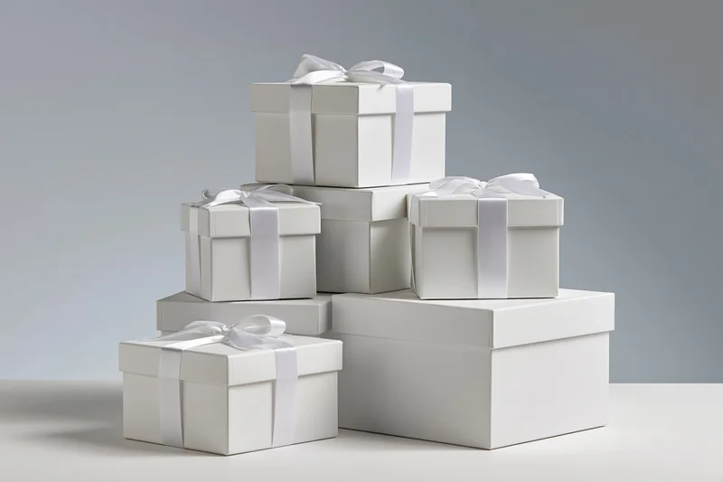 White gift boxes stacked in a pyramid formation on a plain surface