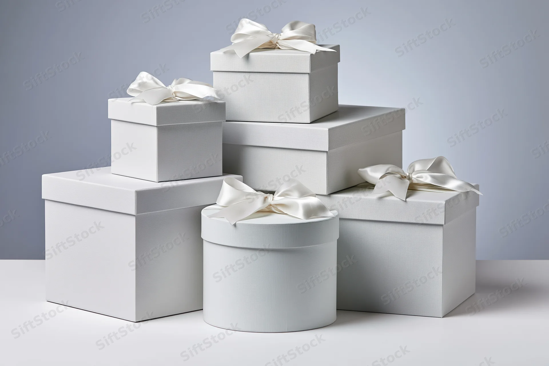 White gift boxes of varying sizes stacked in an elegant arrangement on a plain surface