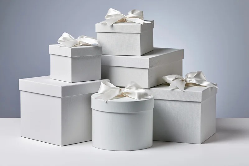 White gift boxes of varying sizes stacked in an elegant arrangement on a plain surface