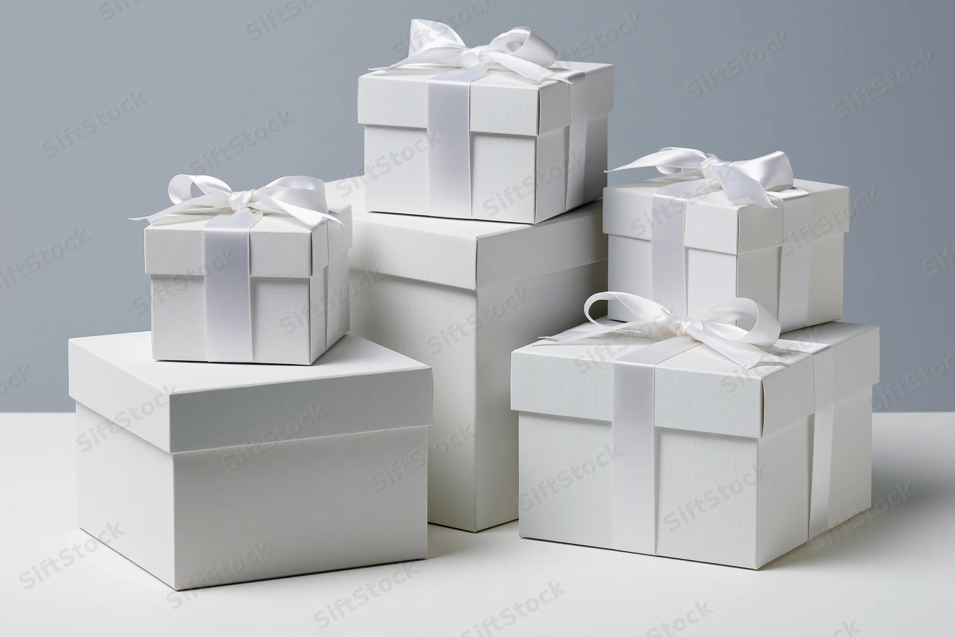 White gift boxes stacked in a pyramid formation on a plain surface