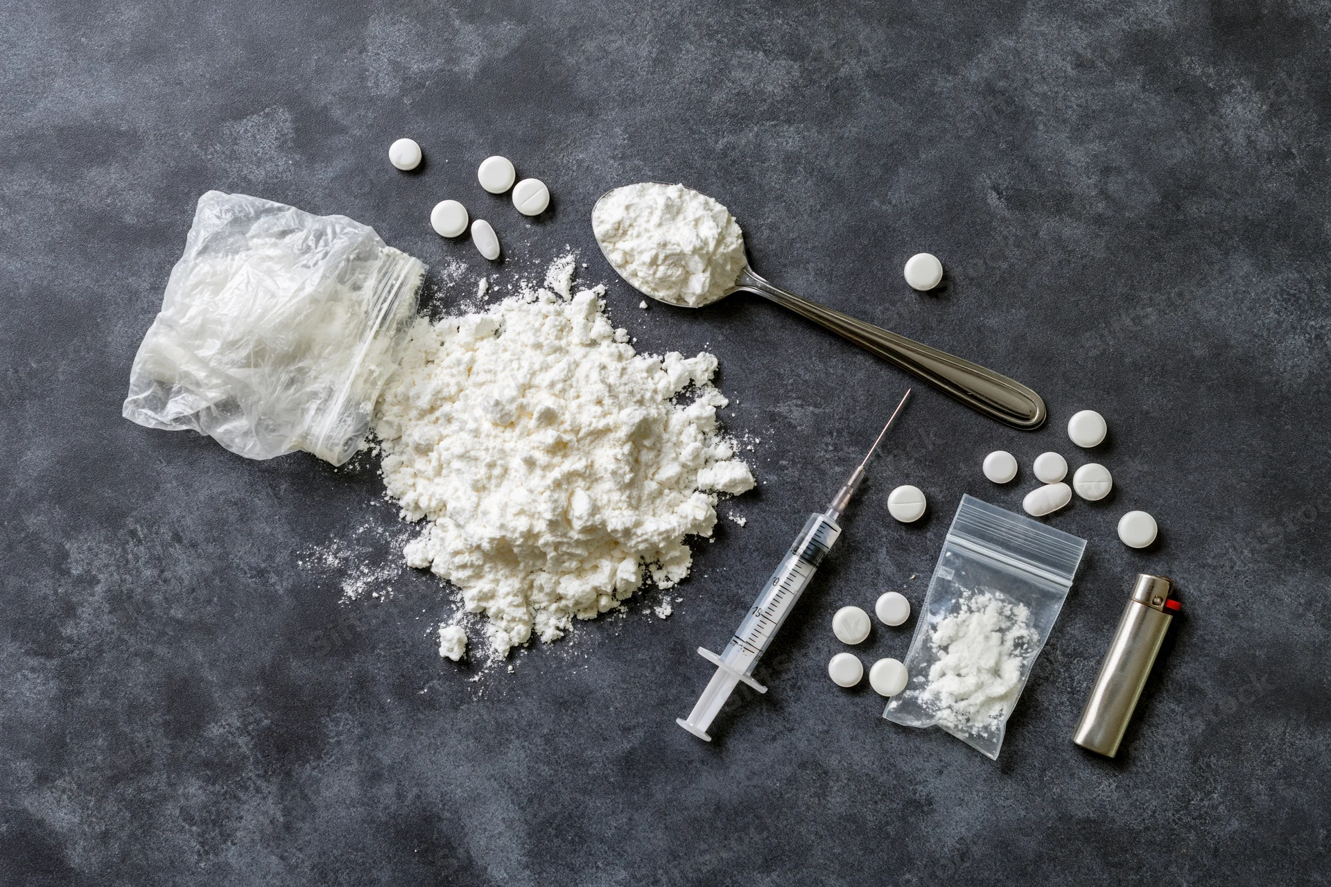 Drug paraphernalia including powder, syringe, pills, plastic bags and lighter arranged on dark textured surface in flat lay overhead view