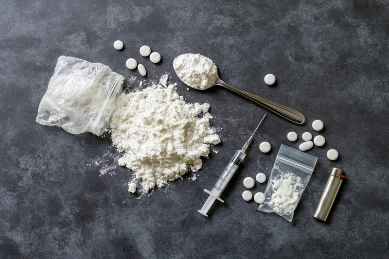 Drug paraphernalia including powder, syringe, pills, plastic bags and lighter arranged on dark textured surface in flat lay overhead view